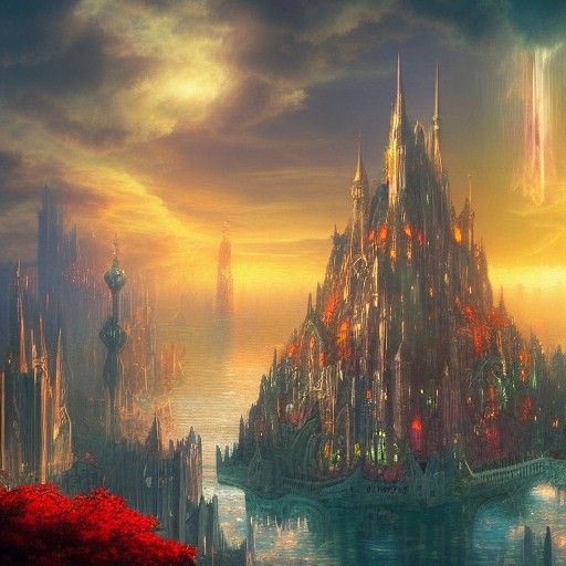 Floating Islands with Towers made of Stained Glass hanging o...