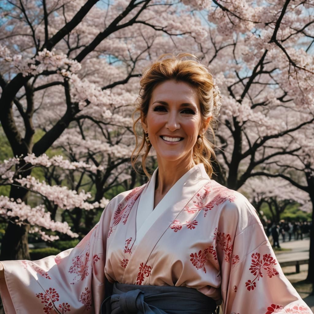A young mid-thirties Celine Dion wearing a kimono at hanami,...