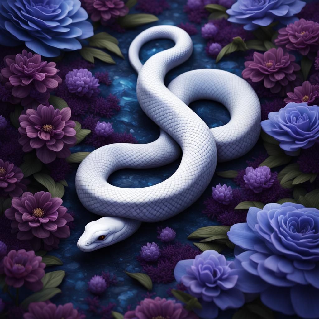 white snake on a bright blue stone in the middle of dark purple flowers  by @RPGCatLover