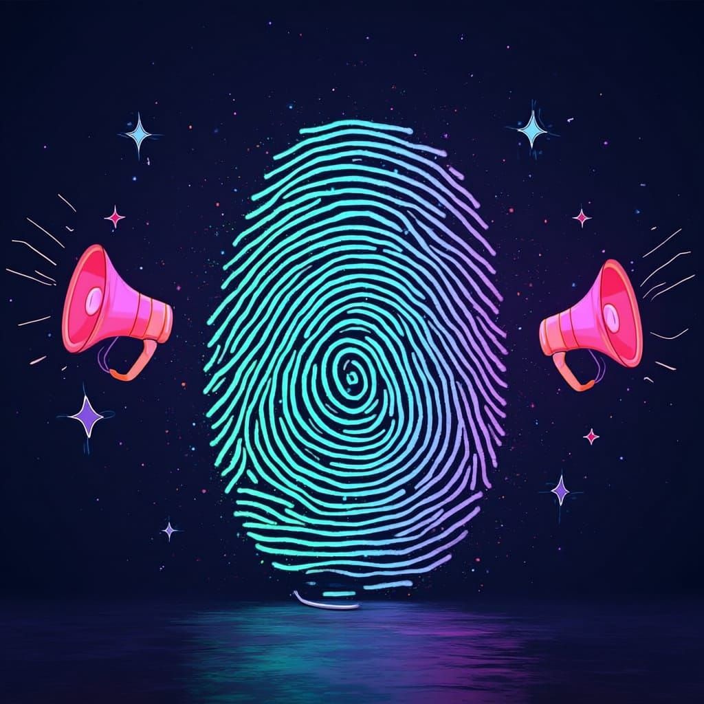 Una grande impronta digitale, ai lati due piccoli megafoni con onde sonore rolti verso i bordi esterni e altri due più grandi rivolti verso ...