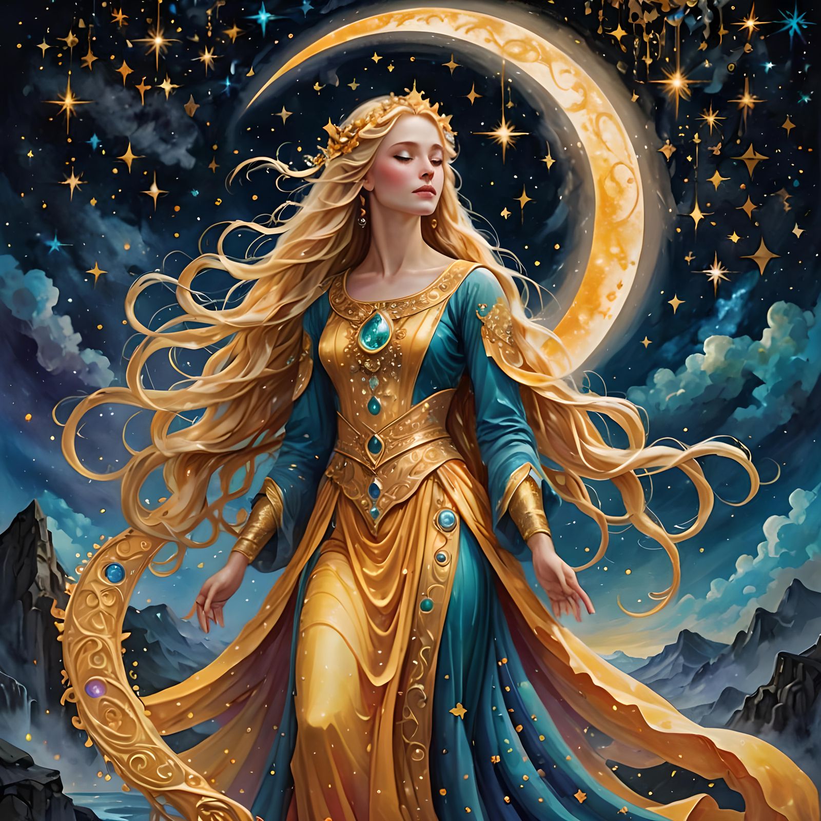 A luminous ethereal mythical woman, her flowing golden locks cascading down her shoulders, gracefully ...  by @undefined