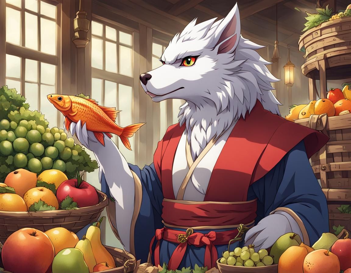Anthropomorphic griffin dnd anime character merchant standing behind larp with fish and fruit ...