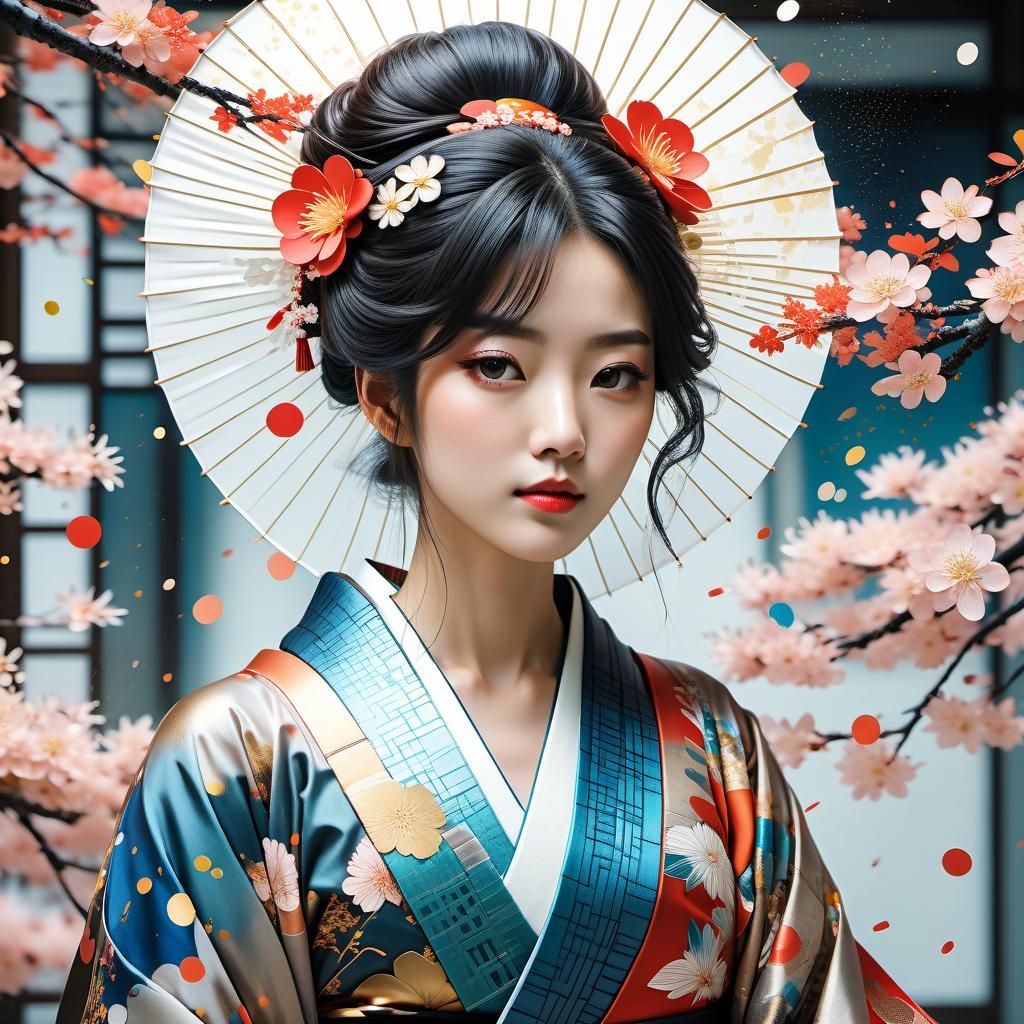 Japanese inspired wet washed paint manhwa portrait wearing Shippo pattern kimono  by @Kitcalyx