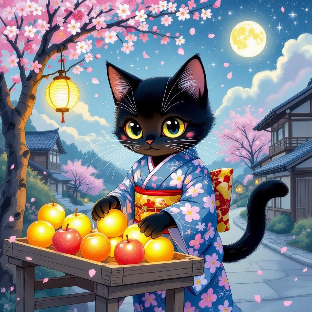 A romantic scene of two anthropomorphic black cats sharing a quiet moment in a moonlit garden filled with glowing flowers and ancient stone ...