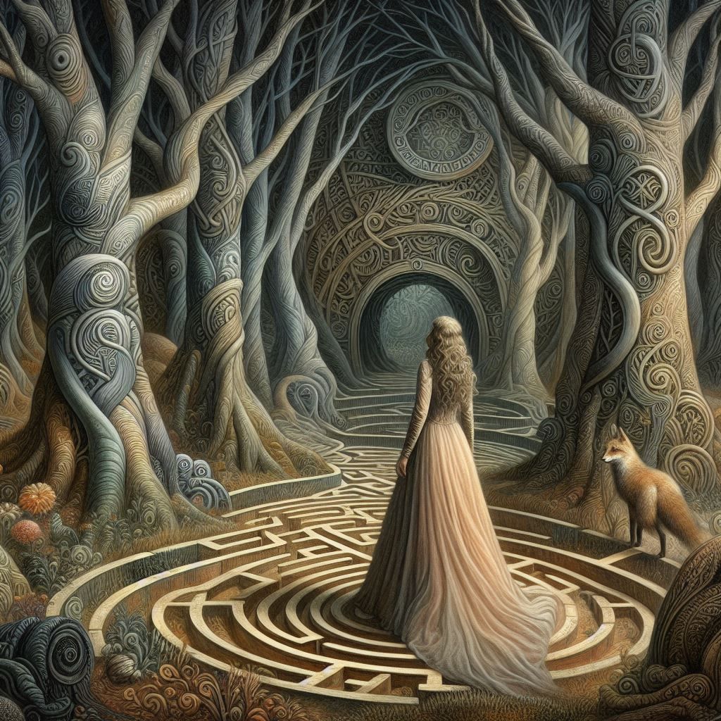 Wise woman walking through a labyrinth in an enchanted forest