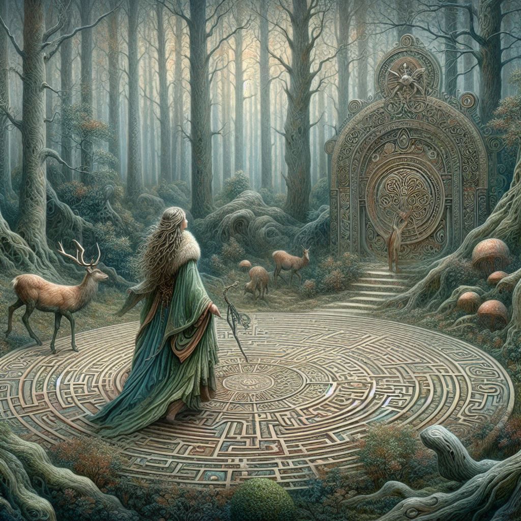 Wise woman walking through a labyrinth in an enchanted forest