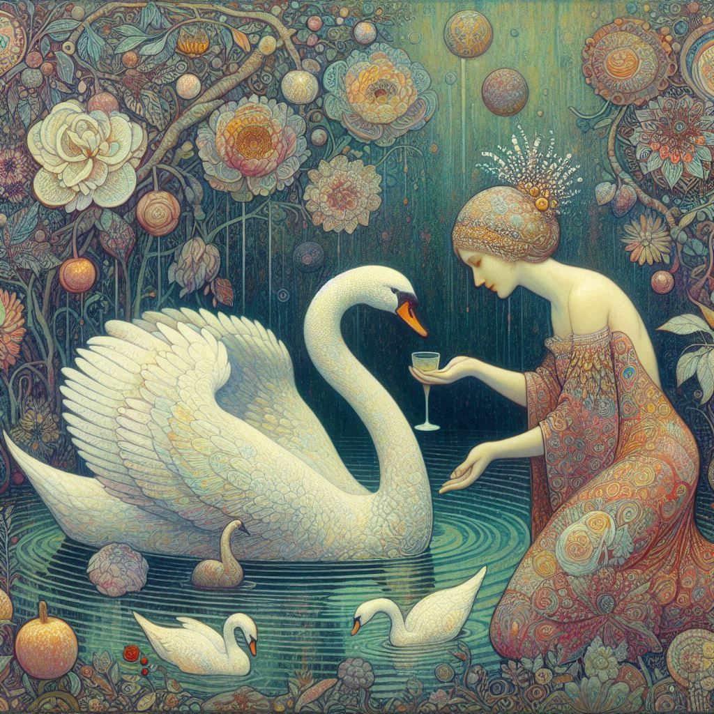 Woman and a swan in an enchanted pond