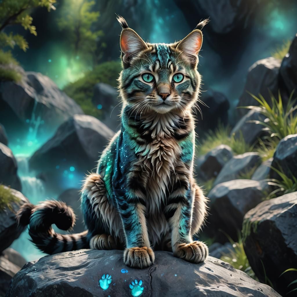 cute shimmering wild cat, black background