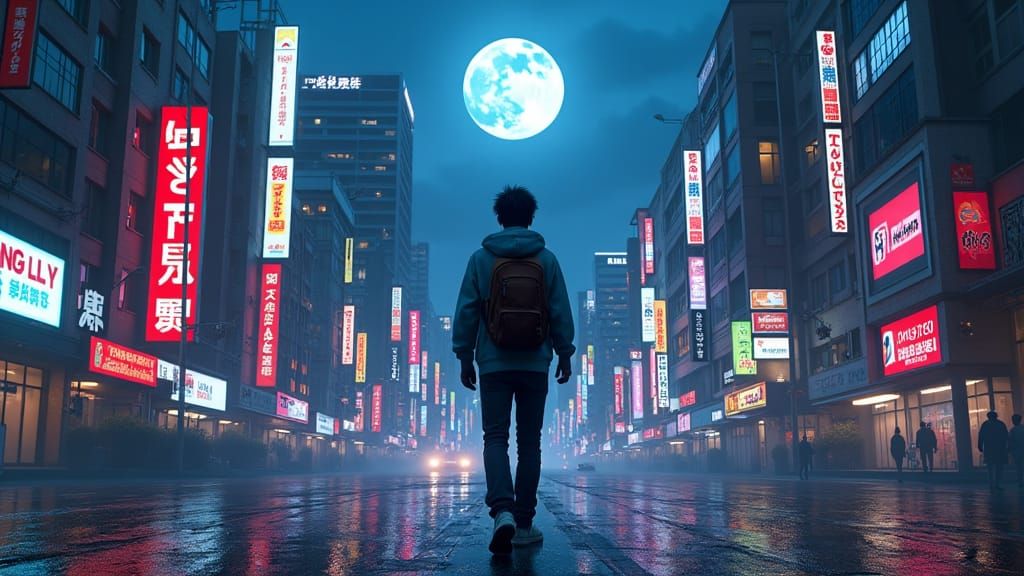 A dark  wallpaper with guy 
 entering into a japan city with all sharp and bright neon boards and top moon  aesthettic 

