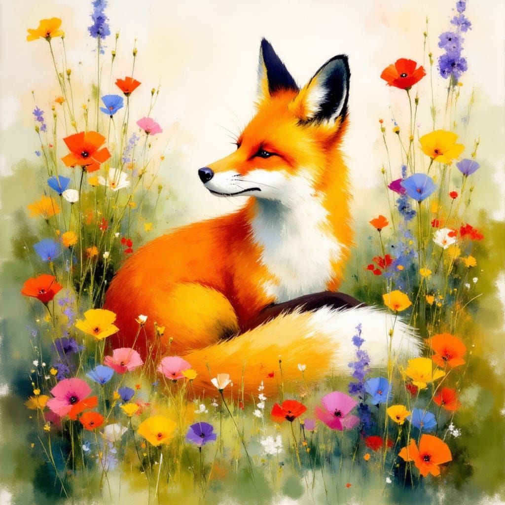 A resting fox in a colorful meadow  by @axelb
