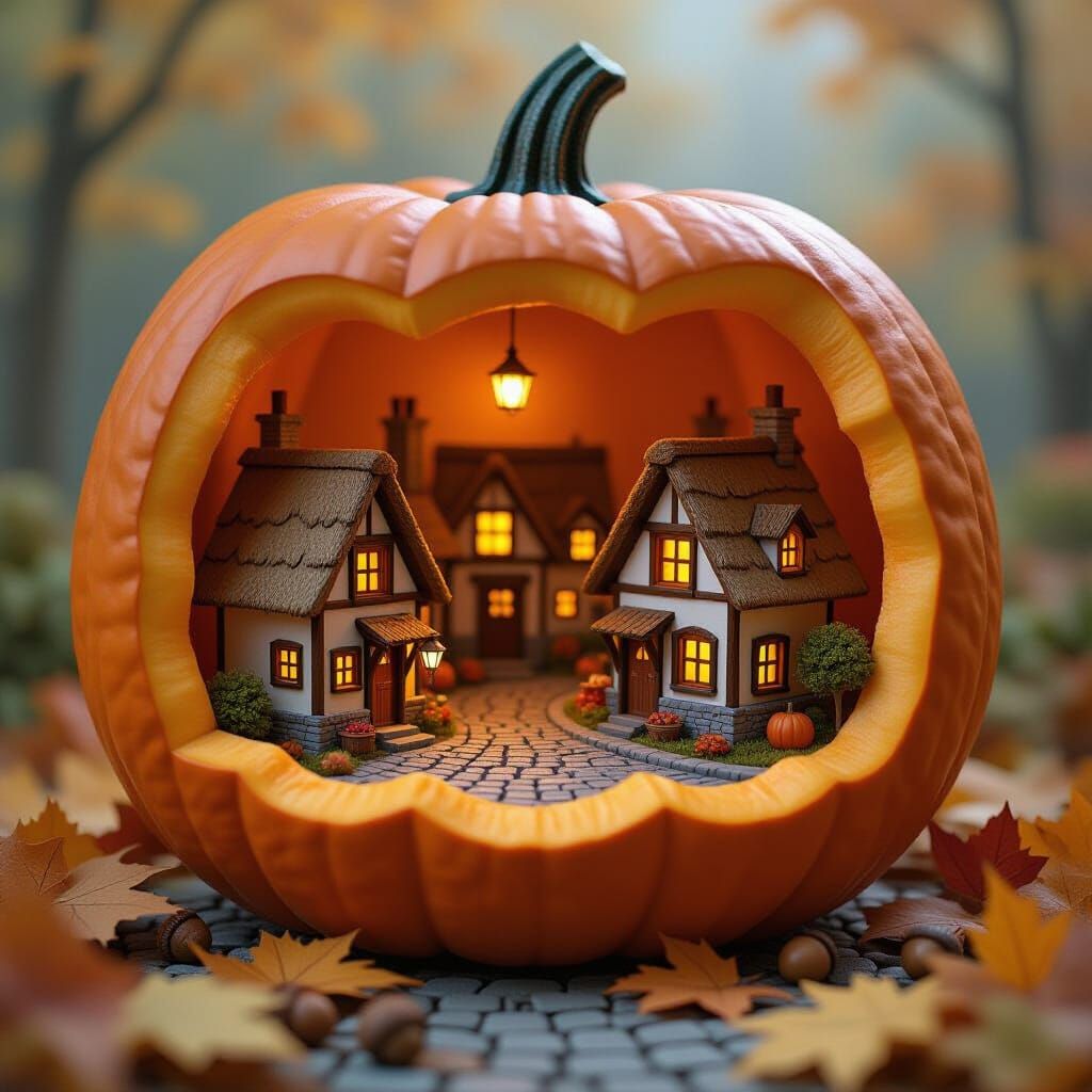 A charming diorama of a bustling autumnal village built entirely inside a hollowed-out pumpkin. Tiny ...  by @AmySkellington