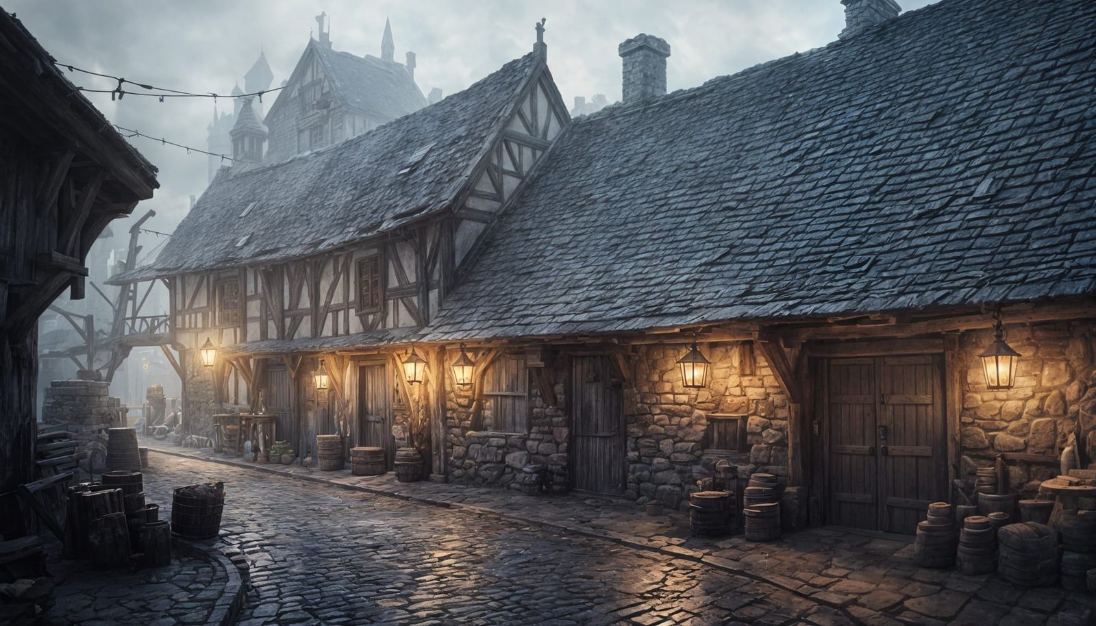 A two-storey medieval stone taven in city, with a ramshackle wooden barn nearby, on a dull misty day ...  by @sitatof