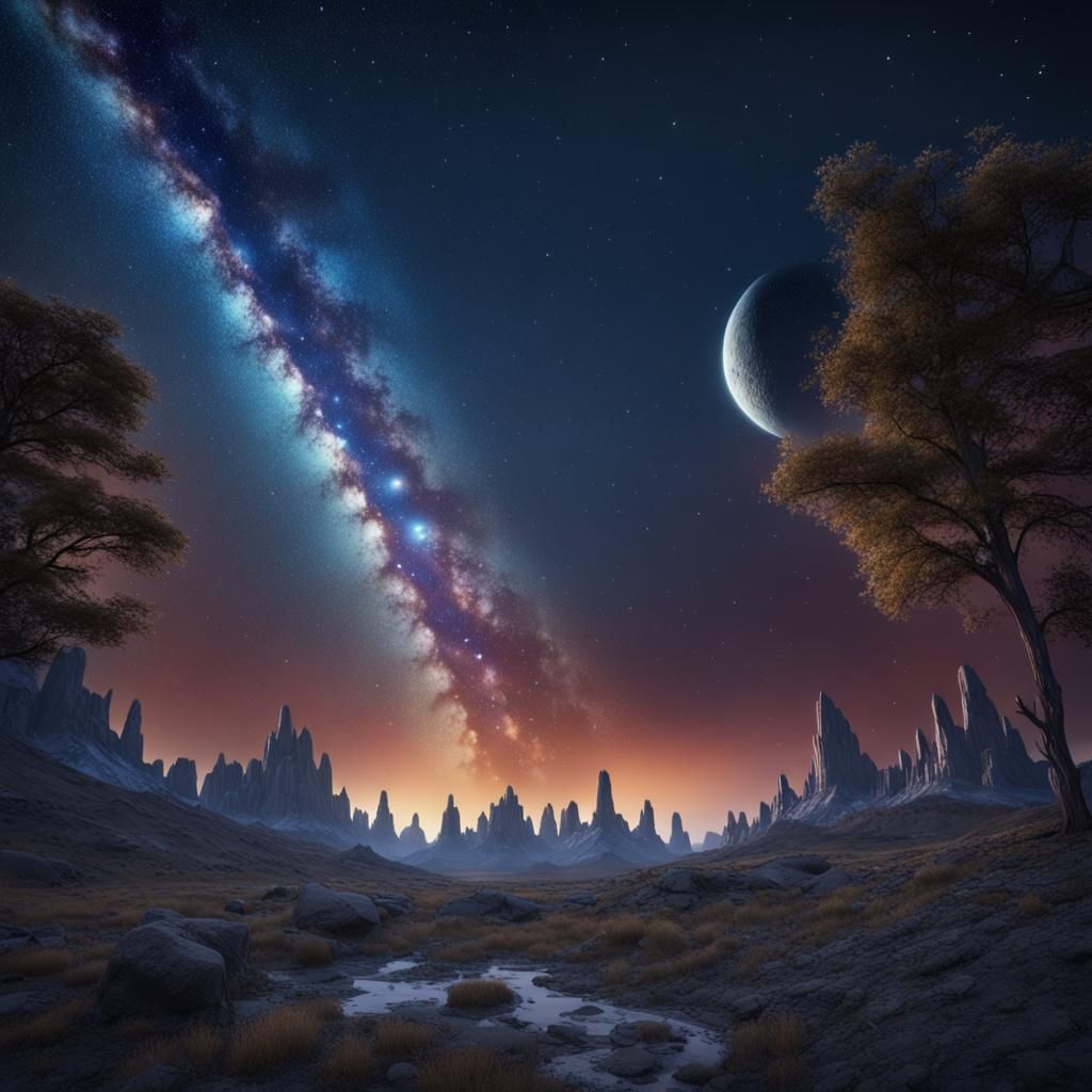Milky Way night sky with stars and the moon
