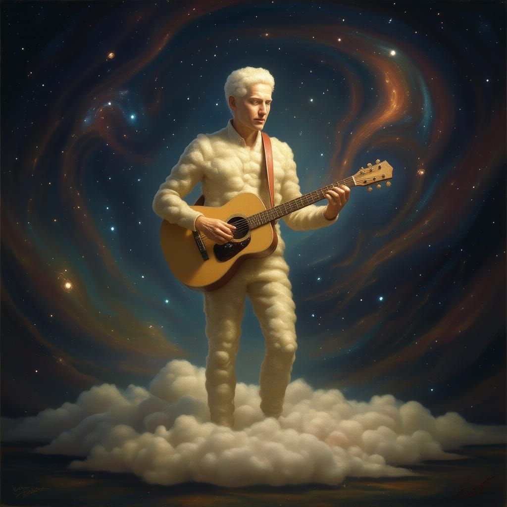 Surreal Cloud Man Playing Guitar on Ethereal Cloud