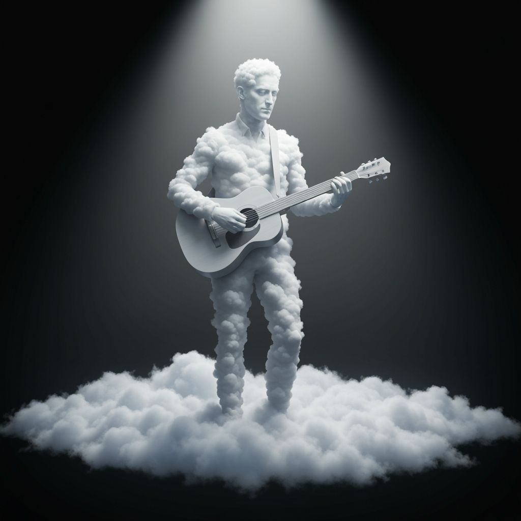 צור לי תמונה בסגנון סוריאליסטי של ציור בעננים בתלת מימד של גבר מנגן בגיטרה עומד על ענן וגם הוא  עשוי מענן מילות מפתח : עננים