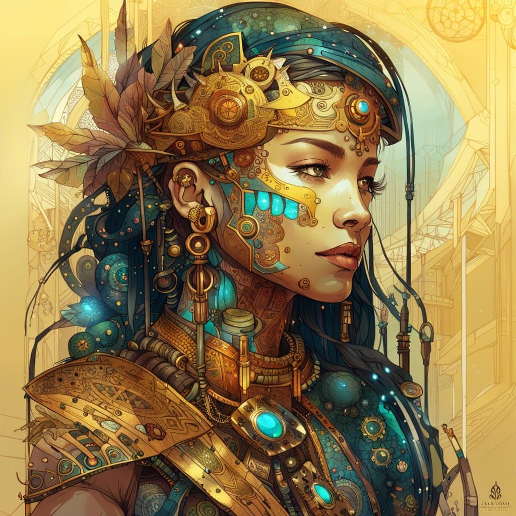 Steampunk Cyborg Aztec Princess in Digital Painting