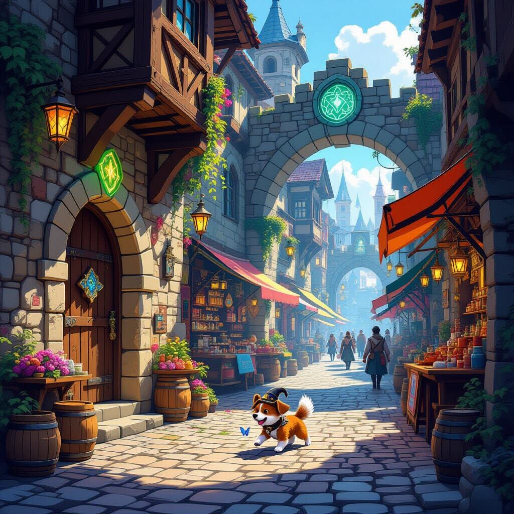 Mischievous Dog in Futuristic Medieval Tavern Scene