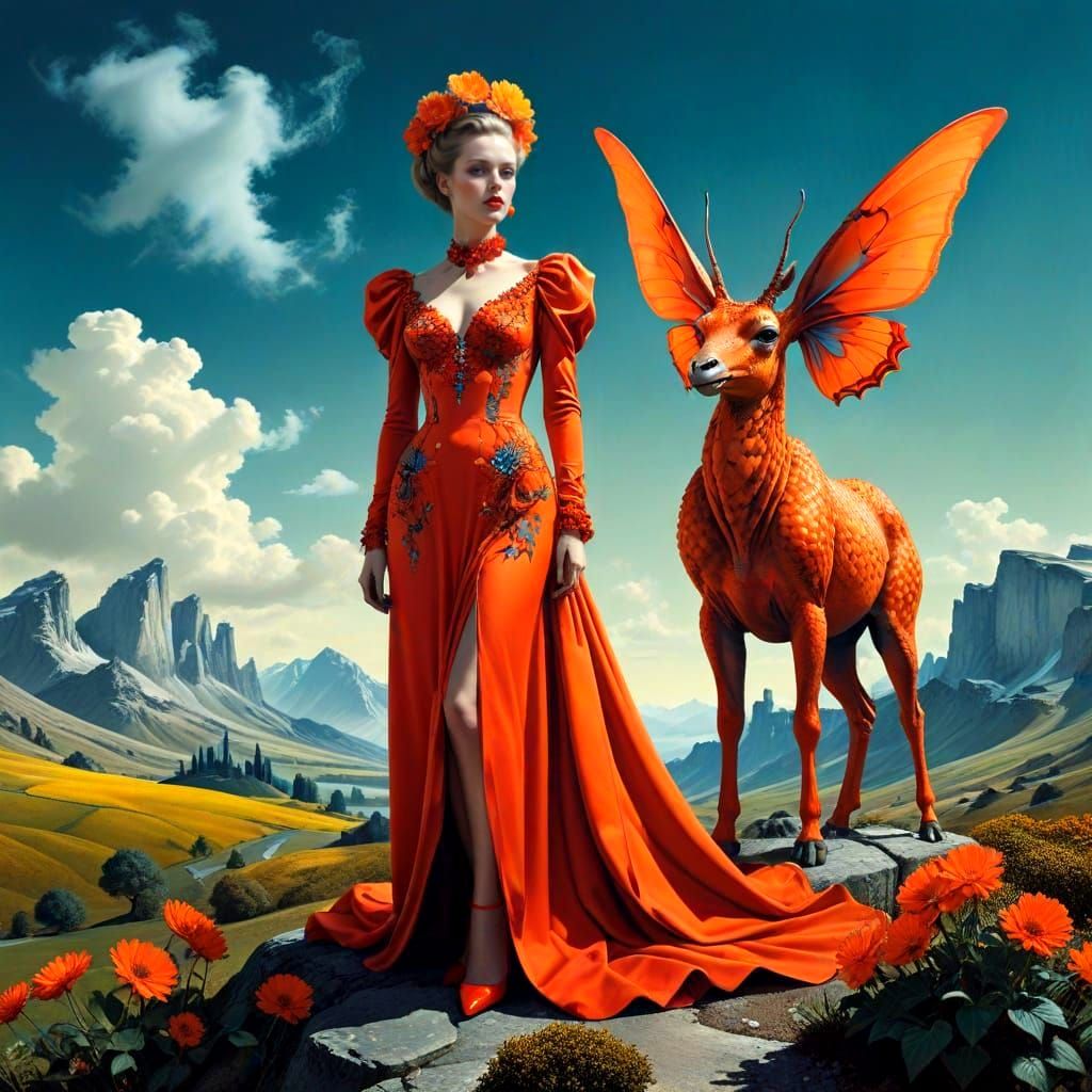 Surrealistic Goddess in Vibrant Landscape