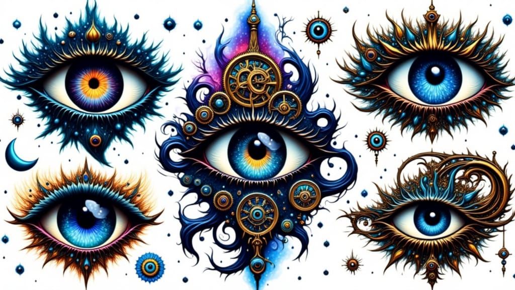 flash tattoo sheet featuring a collection of mystical eyes  by @Solfreedom