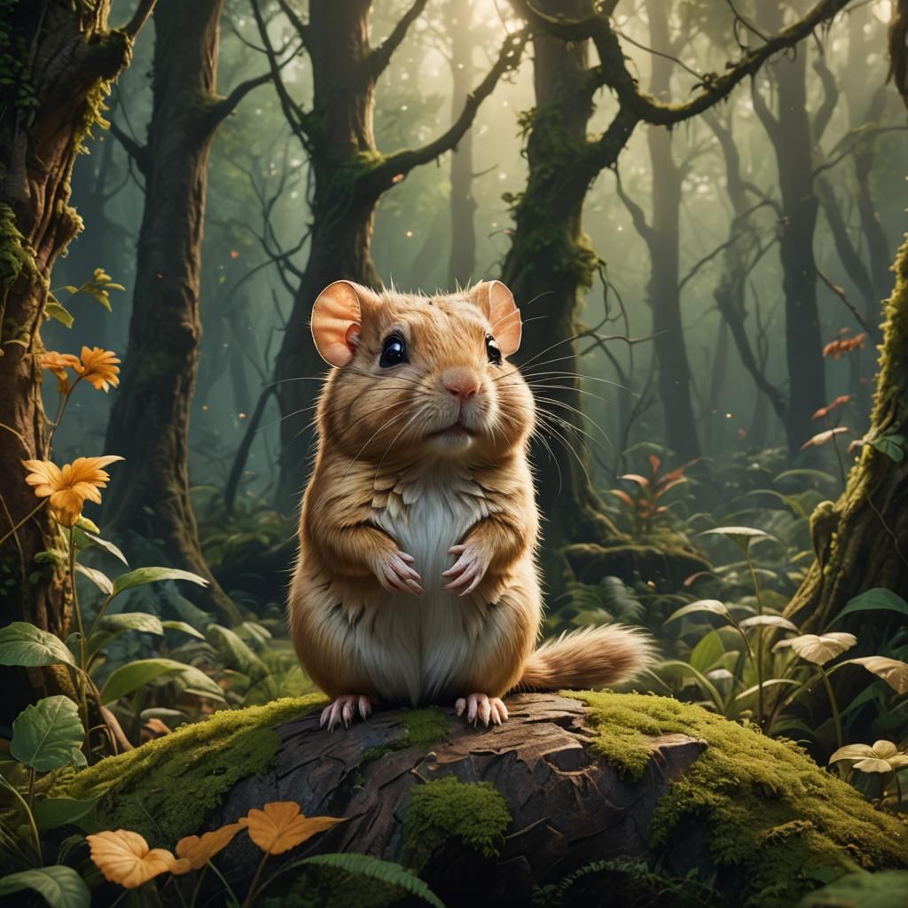 cute fluffy tan gerbil sitting in a mystical forest - AI Generated ...