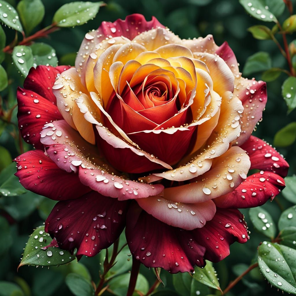 A resplendently blooming rose, vibrant and velvety in shades of crimson and gold.  by @Suz