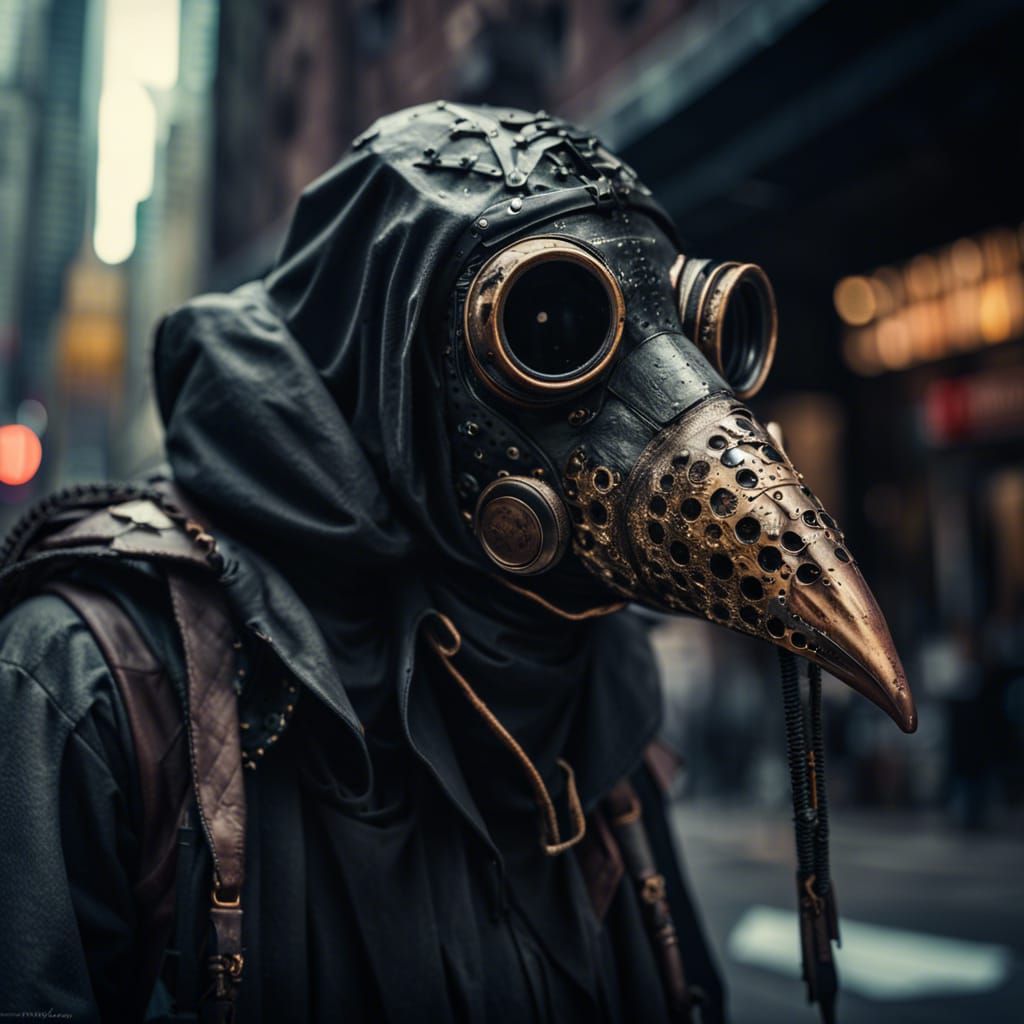 Dystopian plague doctor hazmat suit bird beak respirator in post ...