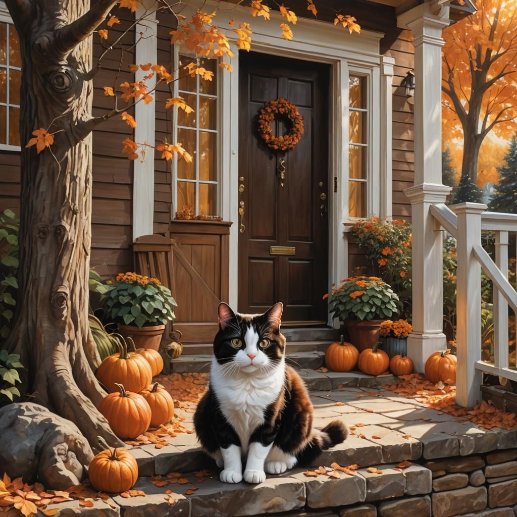 Cozy Autumn Cottage with Cat in Hyperrealistic Style