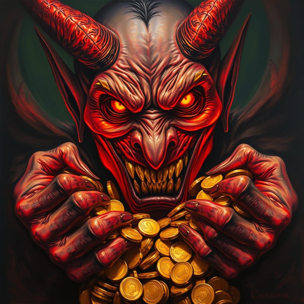 A sinister figure with devilish features, his hands overflowing with glistening coins. The demonic man's eyes gleam with a malevolent light,... - Start Image 1