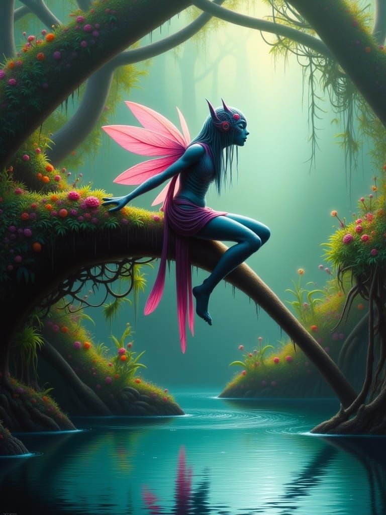 A fairy sitting on a tree branch overhanging water, water reflection, detailed, cinematic fantasy <lora:Whimsical alien Flux:1.0> 