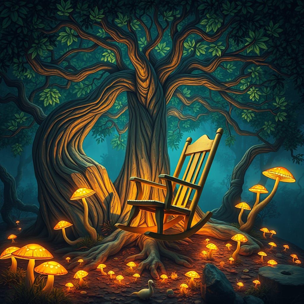Bioluminescent Tree Rocking Chair in Painterly Sty... - AI Art