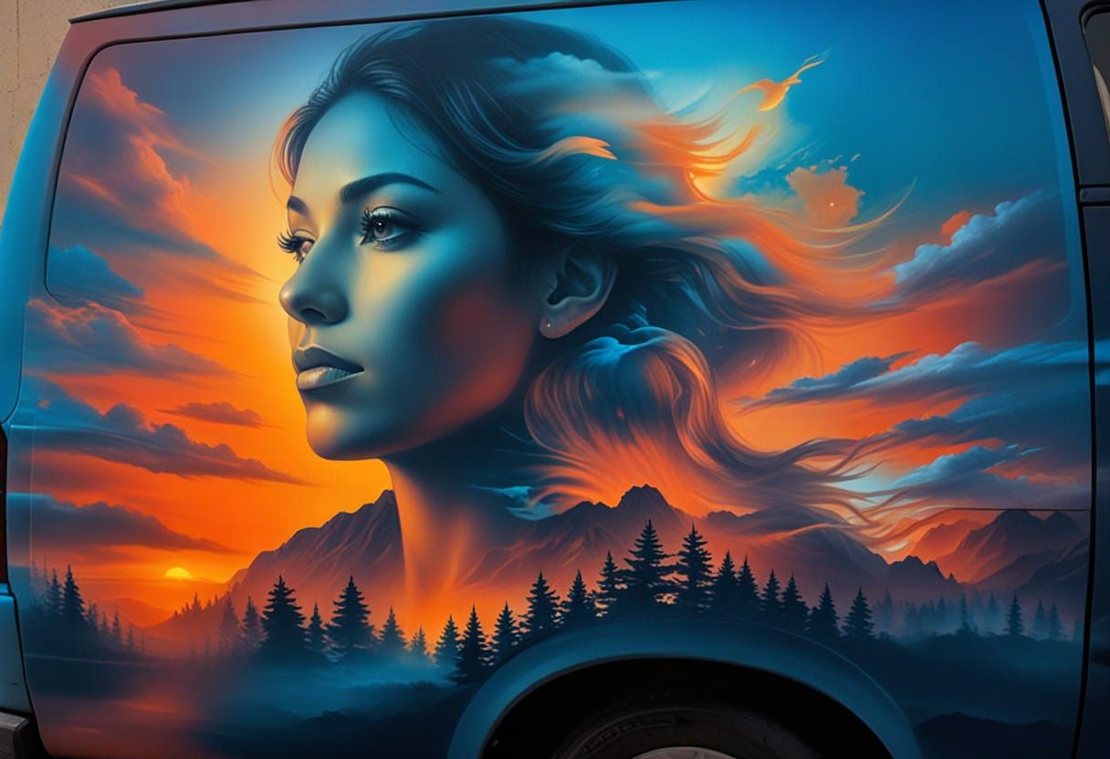 Airbrush portrait on the side of a van  by @Staircase Flash