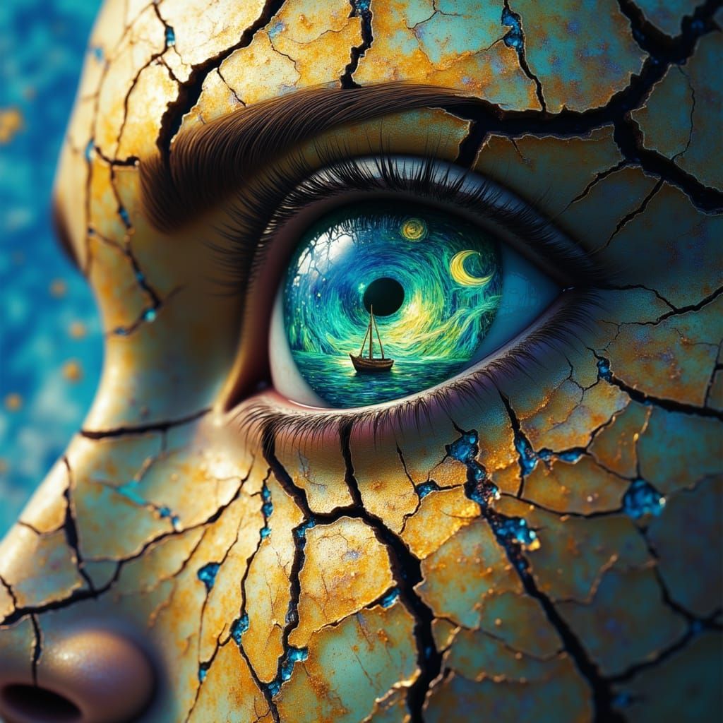 <lora:Fractured Gaze:1.0> The face of a dream-painter with emerald eyes, the swirling sky of Van Gogh’s ...  by @morr5750