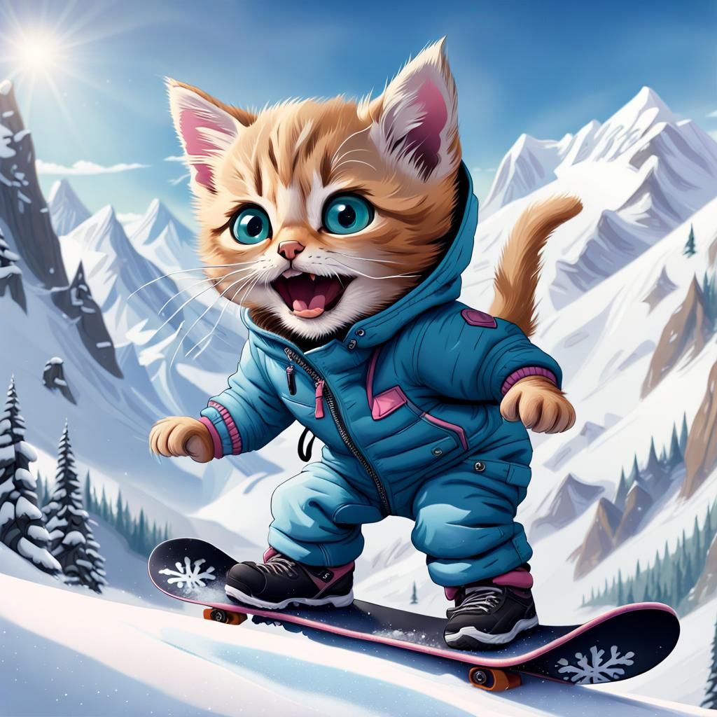 Cute Kitten Riding the Snowboard AI Generated Artwork NightCafe Creator