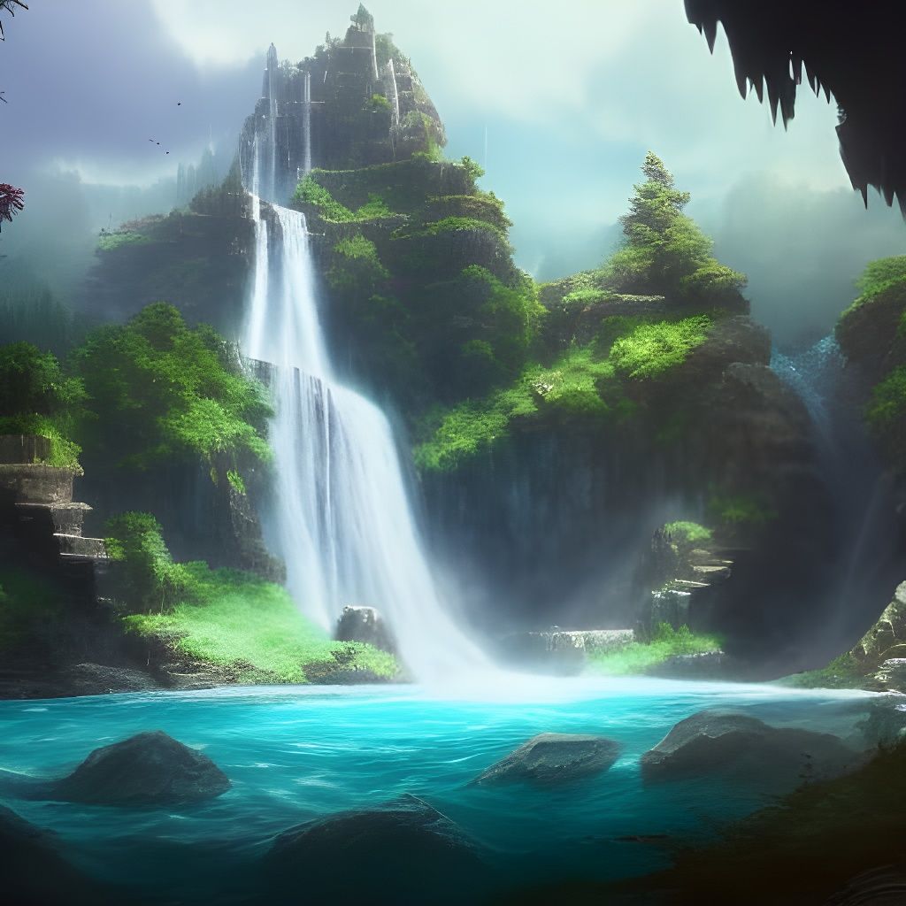 Concept Art, Temple Under Waterfall, Landscape, Natural Procedural 