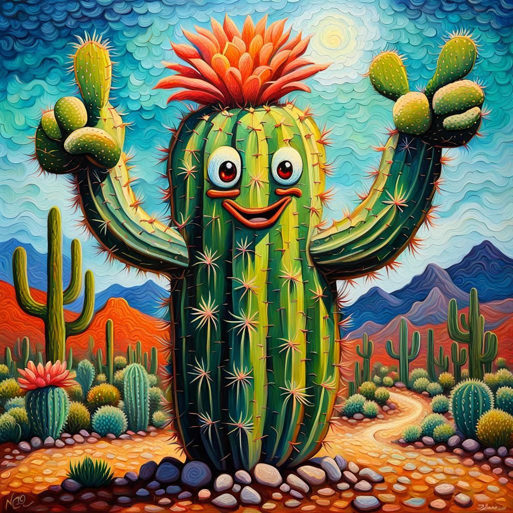 Whimsical Cactus Smizes in Neo-Impressionist Oil