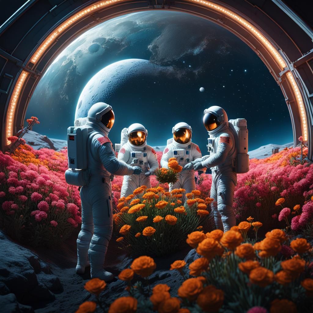 Three men in spacesuits tending to the flowers in a geodesic dome of ...