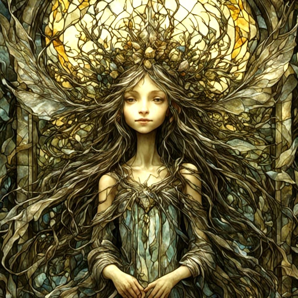 Fairy Gazing at Gothic Stained Glass Archway