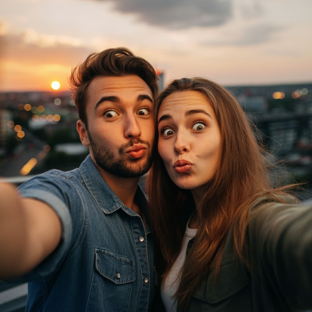 Friends Capturing a Sunset Selfie