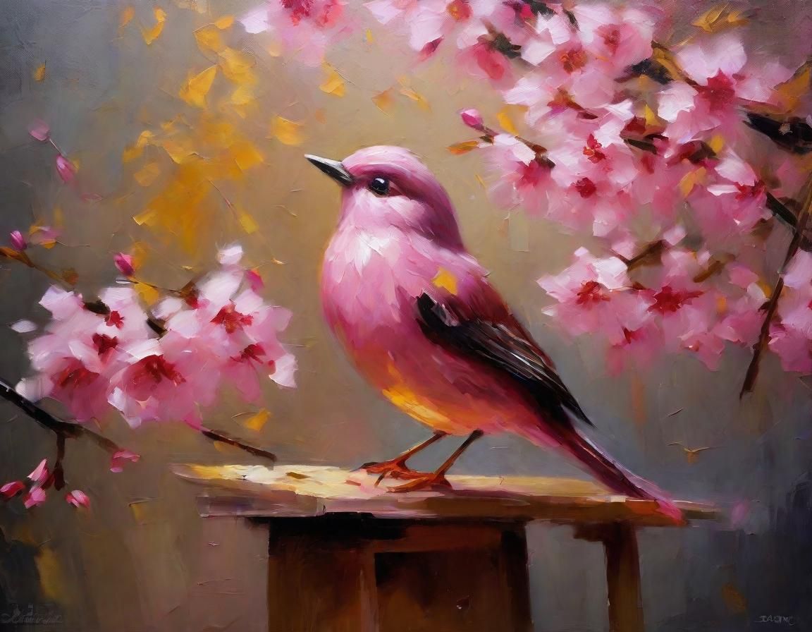 Fluffy Pink-Bird holding a paintbrush and painting a canvas in shades of pink depicting sakura on an easel in studio | Atmospheric Beautiful...