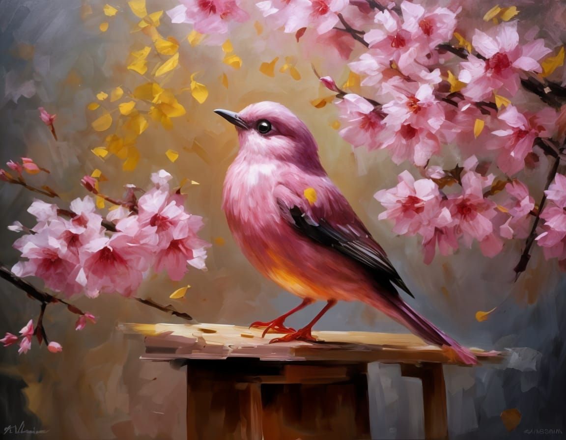 Fluffy Pink-Bird holding a paintbrush and painting a canvas in shades of pink depicting sakura on an ...  by @Hugo Raul