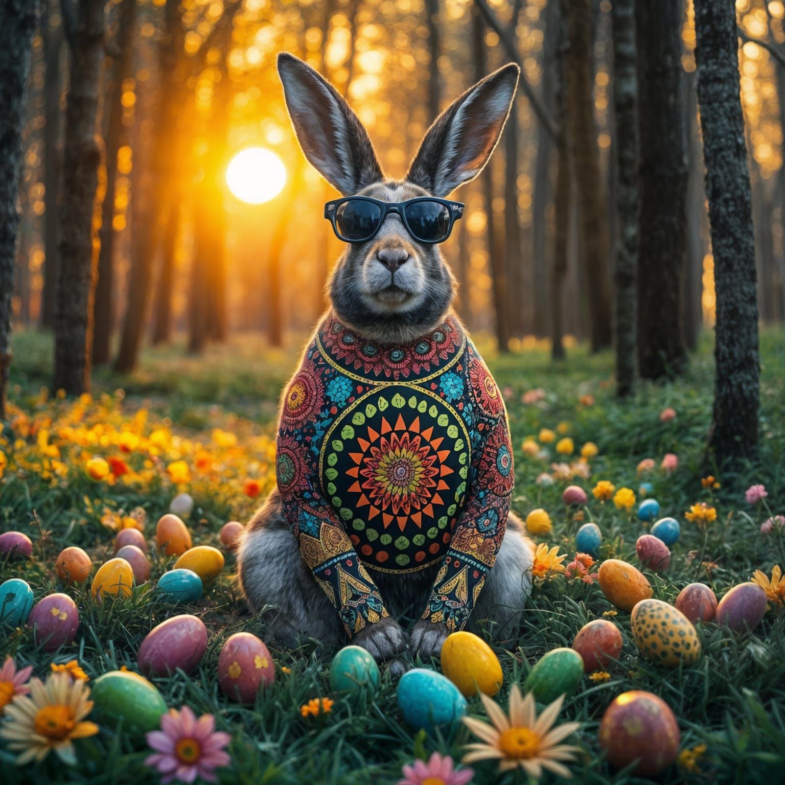 Psychedelic Easter Bunny in a Vibrant Mandalasuit, Surrounde...