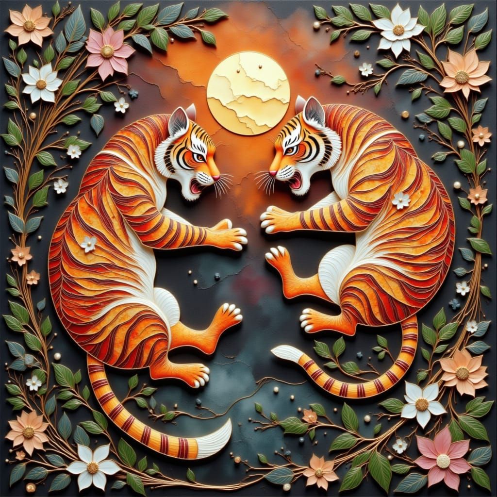 Two tigers fighting, paper quilling style, tamari thread style, wayang art style <lora:Earth and aura:1.0>