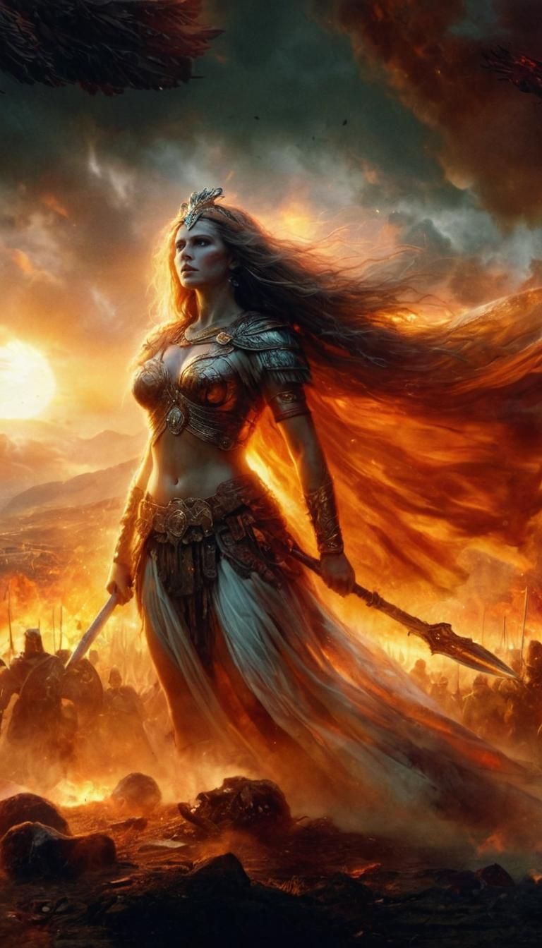 Queen Boudica, on the battlefield against the Romans at dawn