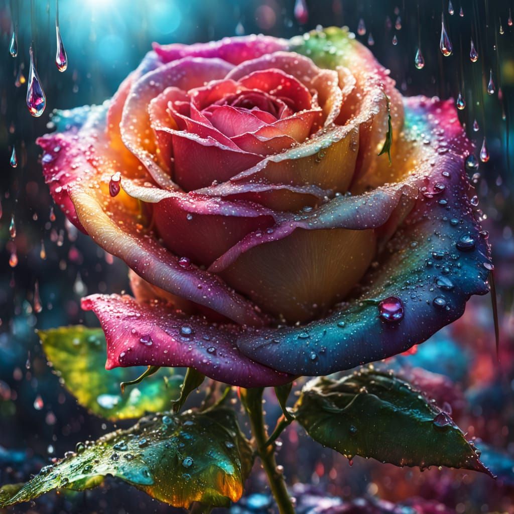 Photorealistic irridescent rose as seen through a prism, rainbow refraction, drops dripping, light filtering,, ...  by @RedLeoPard