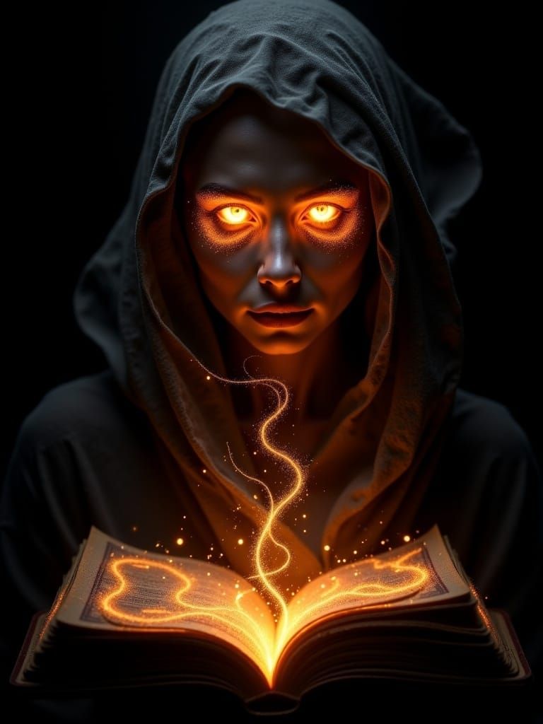 mysterious hidden face, silk veil singular intricately flowing light strands against a black background, swirling particles, glowing sand ou...