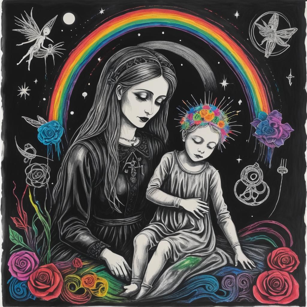 Kids Crayon drawings ,surreal (child's drawing )of a goth mother & child  in pain swimming in  blackness ,rose, symbols   rayograph Man Ray...