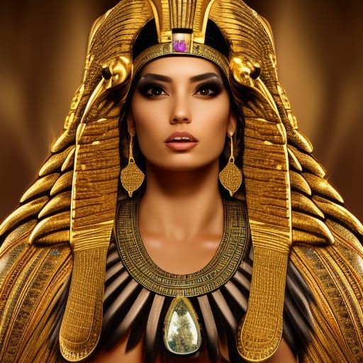 Egyptian goddess, long hair, supermodel, big chest, no clothes, gold ...