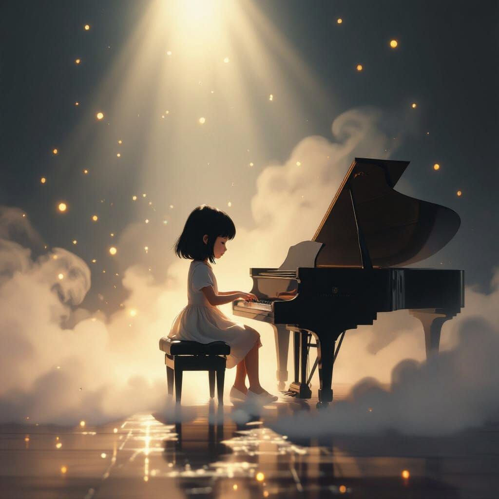 Girl and Piano Silhouette on Stage with Glowing Mist