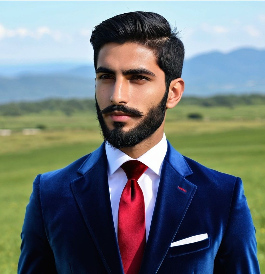 A young gentleman with   black  beard   wearing  a   blue   ...