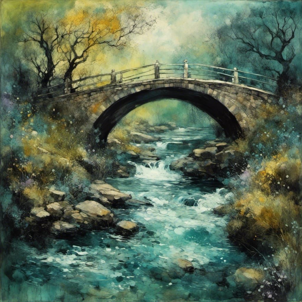 <lora:Liquid Ink:1.0> (Bridge over turbulent waters)